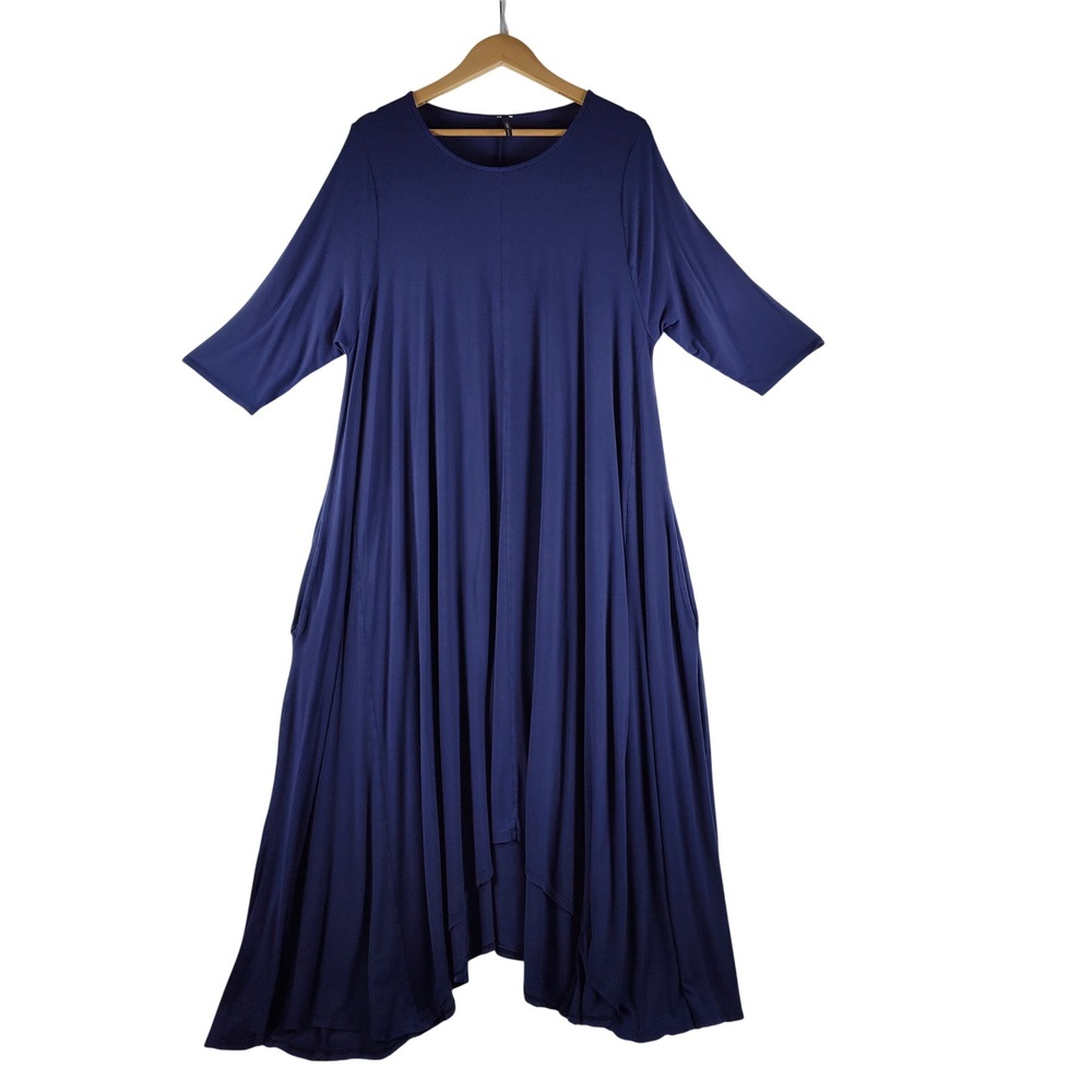 12ami 1X Navy Blue High Low Maxi Dress Womens 3/4 Sleeve Pockets Made in USA